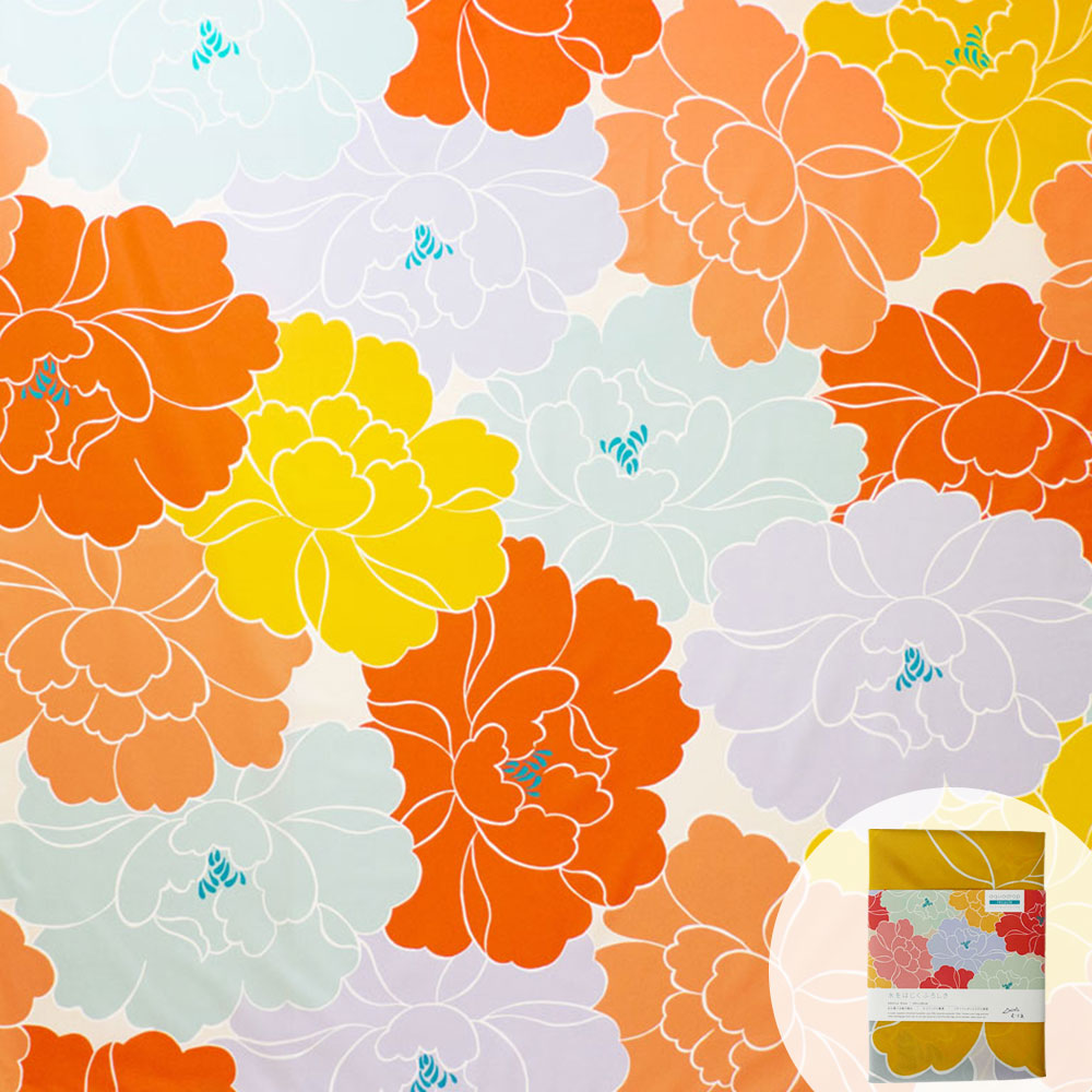 撥水加工 万能風呂敷 100×100cm 牡丹 オレンジ Adeline Klam