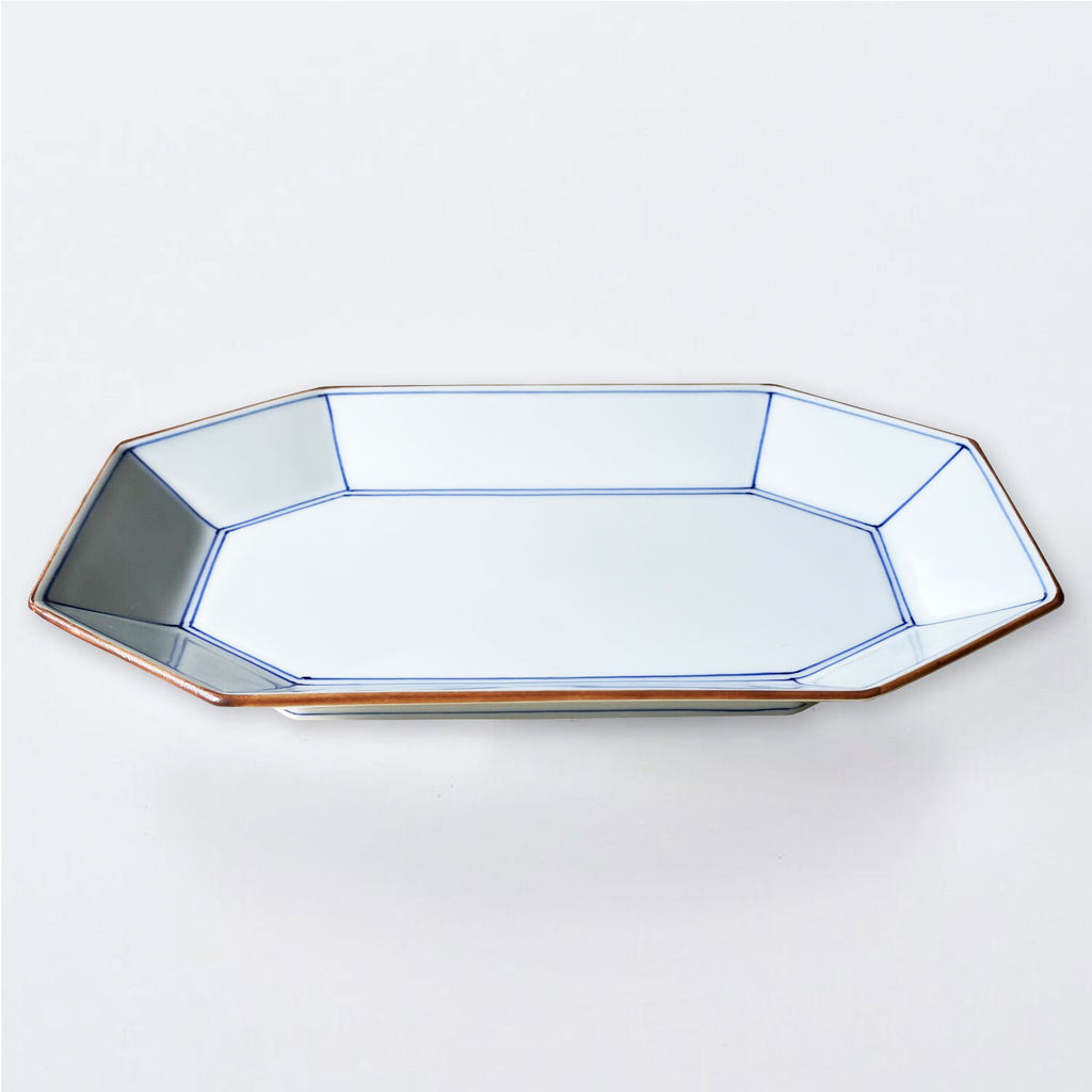 波佐美焼 | 磁器製 八角長方形 プレート 白 (手描き線 青) 日本製