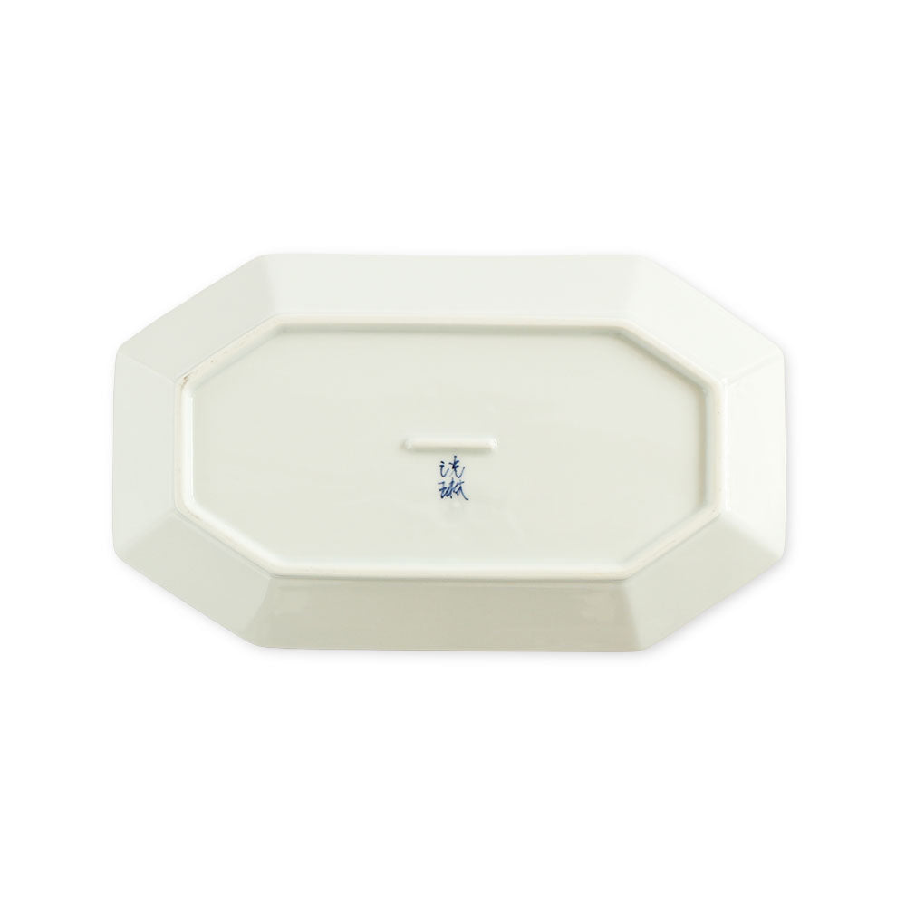 波佐美焼 | 磁器製 八角長方形 プレート 白 (手描き線 青) 日本製