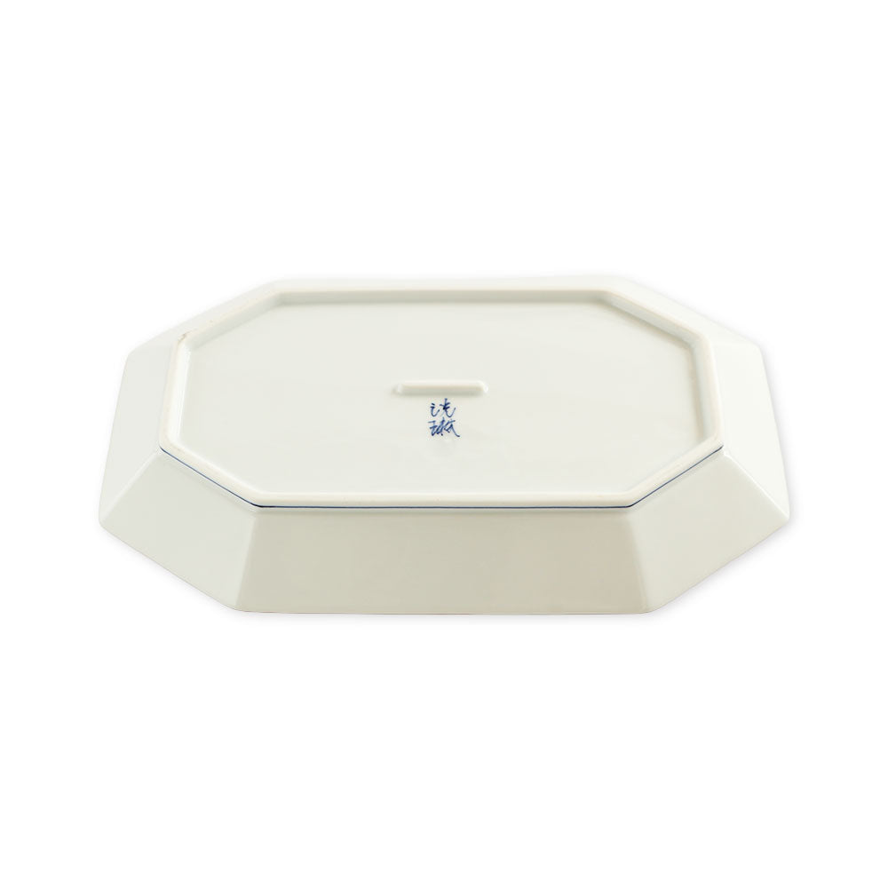 波佐美焼 | 磁器製 八角長方形 プレート 白 (手描き線 青) 日本製