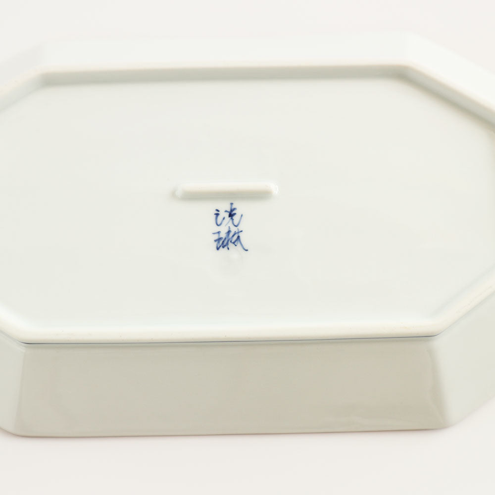 波佐美焼 | 磁器製 八角長方形 プレート 白 (手描き線 青) 日本製