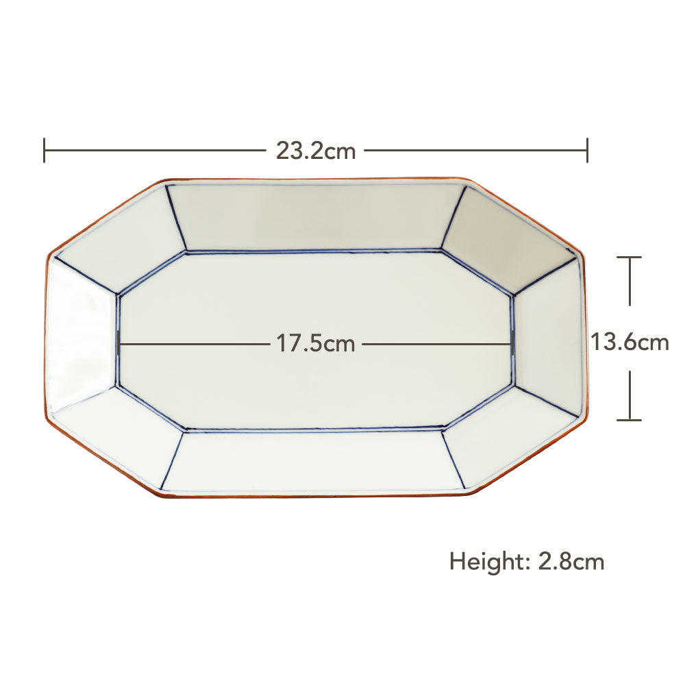 波佐美焼 | 磁器製 八角長方形 プレート 白 (手描き線 青) 日本製